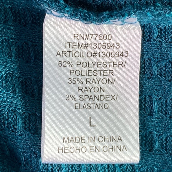 Teal Blue Waffle Knit Top, Raglan Sleeves, Tunic Length Soft & Cozy, Chaser, New - Picture 12 of 12
